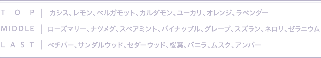 TOP | カシス、レモン、ベルガモット、カルダモン、ユーカリ、オレンジ、ラベンダー MIDDLE | ローズマリー、ナツメグ、スペアミント、パイナップル、グレープ、スズラン、ネロリ、ゼラニウム LAST | ベチバー、サンダルウッド、セダーウッド、桜葉、バニラ、ムスク、アンバー