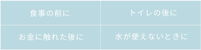 [食事の前に][トイレの後に][お金に触れた後に][水が使えないときに]