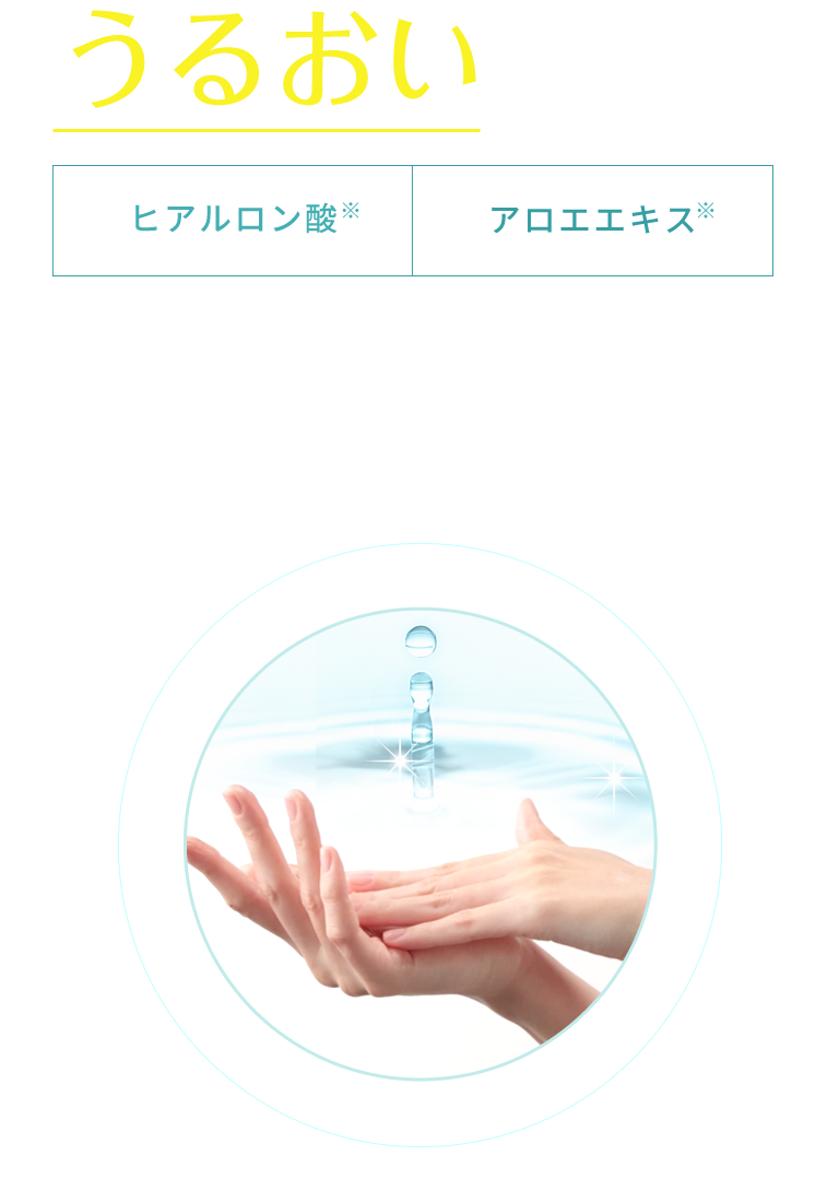 うるおい成分配合※[ヒアルロン酸※][アロエエキス※]アルコールで荒れがちな手肌をいたわるうるおい成分配合。一日に何度も使うものだから、肌へのやさしさにもこだわりました。※ヒアルロン酸Na(保湿)、アロエベラ葉エキス（保湿）